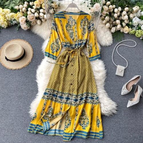 Womens Summer Dress New Ethnic Style V-neck Print Drawstring Dress Temperament Retro Short-sleeved Long Dresses GX059