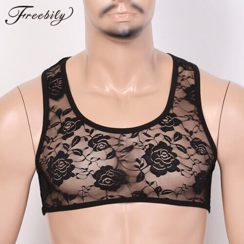 Mens Sissy See Through Sheer Lingerie Nightwear Sexy Vest Top Stretchy Floral Lace Short Vest Crop Tops Valentines Sleepwear
