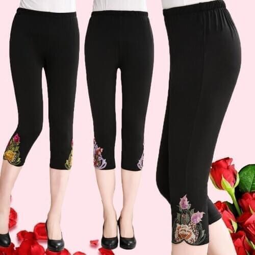 2021 Summer Women High Elastic Waist Pants Capris Thin Embroidery Leggings Skinny Stretch Black Push Up Trousers Plus Size 4XL