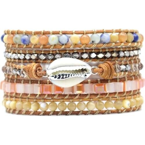 5X Wrap Bracelet Pearl Mix Stone Leather Bracelet See Shell Pedant Boho Bracelet