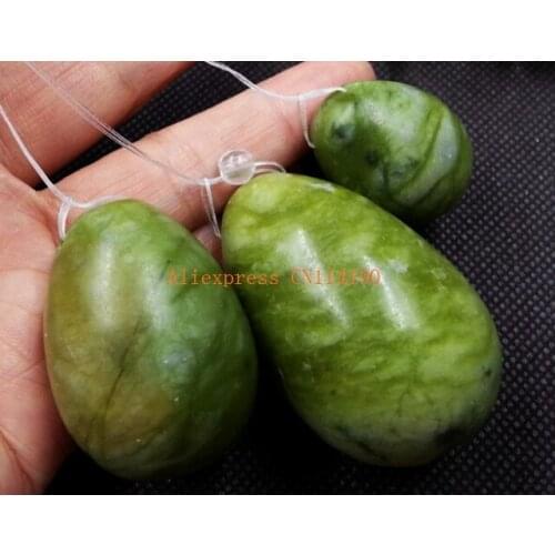 50sets/lot Free Shipping 3pcs/set Natural green stone drilled jade eggs Stone egg For kegel exercise