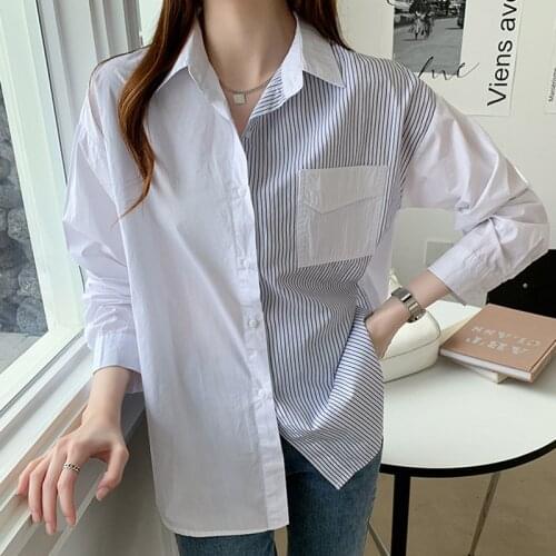 Blusa Feminina White Striped Vintage Pockets Long Sleeve Shirt Women Blouse Ladies Clothes Button Womens Tops Chemisier Femme