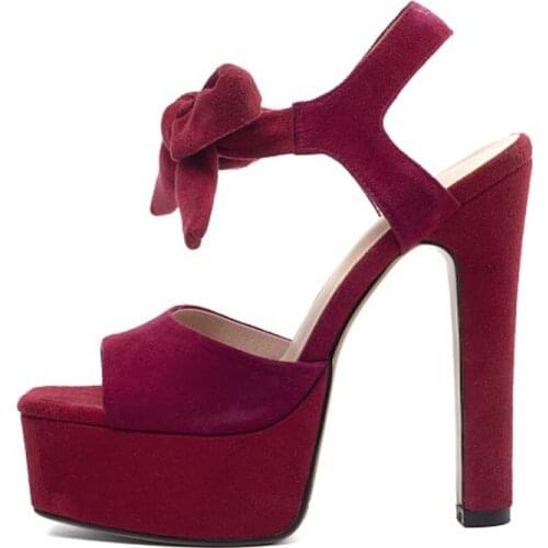 Burgundy Pink Green Suede Front Bowtie Ankle Strap High Platform Sandals Women Gladiator Peep Toe 14 cm Chunky High Heel Sandals