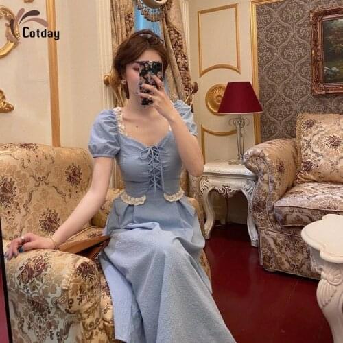 Cotday Blue Puff Sleeve Square Collar Bow French Vintage High Waist New A-line Long Summer Elegant Female Clothes For Women 2021
