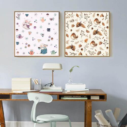 Baby Girls Room Decor Hand Painted Cartoon Bunny Squirrel Animals Canvas Art Posters and Prints Wall Picture for Living Room