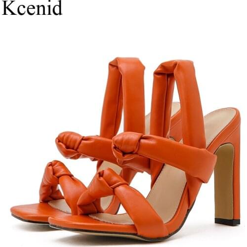 Kcenid New Knot Design Shoes Woman Sandals 2021 Summer Square Toe High Heels Sandals Women Good Quality Dress Shoes Big size 42