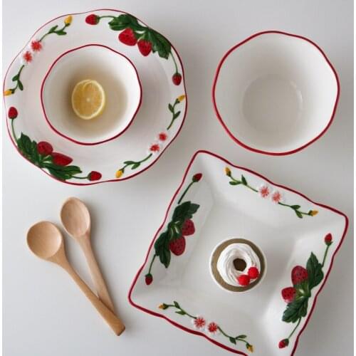 Ceramic Relief 3D Strawberry Hand-painted Underglaze Color Dinner Plate/Square Deep Plate/Soup Bowl/Rice Bowl
