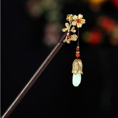 Classical Flower Tassel Hairpins Hanfu Headdress Handmade Wooden Hair Stick Chopsticks One-step Shake Simple Wild Hairpin Gift