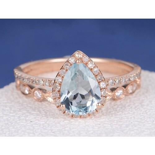 CxsJeremy Pear Shaped 6*8mm Natural Aquamarine Engagement Ring Set 14K Rose Gold Bridal Ring Anniversary Gift Women Antique 2pcs