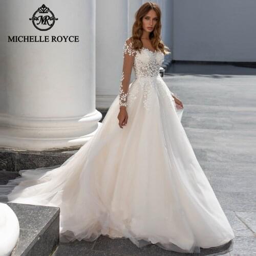 Michelle Royce A-Ling Wedding Dresses 2020 Sweetheart Long Sleeve Appliques Button Chapel Train Bridal Gowns Vestido De Noiva