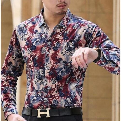 Flower Party Dress Shirts Spring Autumn Mens Business Casual Floral Velvet Silk Shirt Fashion Long Sleeve Tops Shirts