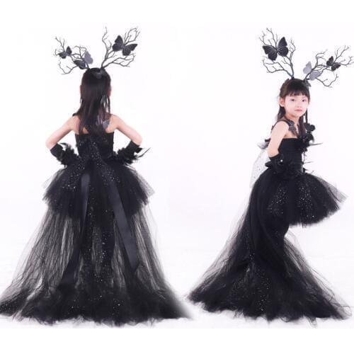 Sequined Long Tail Girl Dress 8 To 9 Years Old Fashion High-End Black Toddler Baby Girls Tutu Dress with Train Tulle Princess