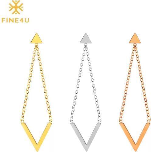 FINE4U E044 Simple Geometric Dangle Drop Earrings For Women Gold Silver Color Long Drop Earrings Brincos Statement Jewelry