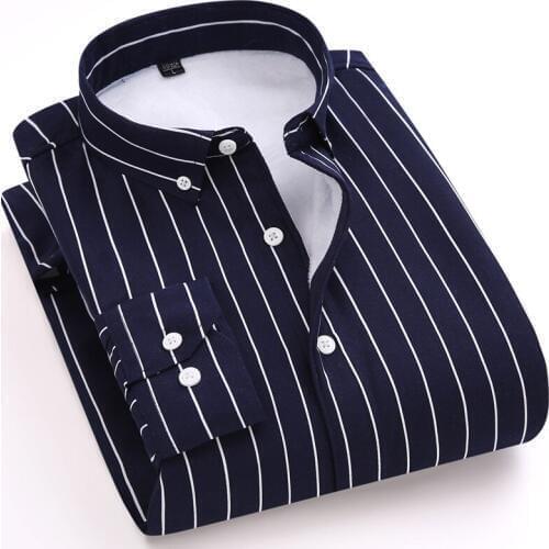 Winter Thick Velvet Warm Mens Shirts Striped Cotton Men Dress Shirts Long Sleeve Casual Slim Fit Male Button Down Blouse