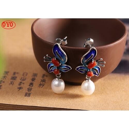 S925 silver distressed burnt blue orchid pearl earrings fashion retro womens earrings