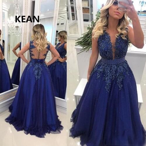 Navy Blue Evening Dress Tulle Applique Pearl Illusion vestido de festa Islamic Dubai Kaftan Saudi Arabic Evening Gown Prom Dress