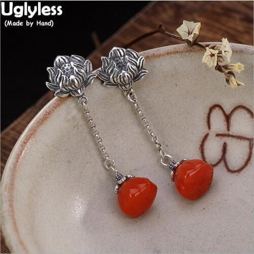Uglyless 100% Real 925 Sterling Silver Lotus Earrings Thai Silver Fine Jewelry for Women Agate Lotus Flower Earrings Gemstones