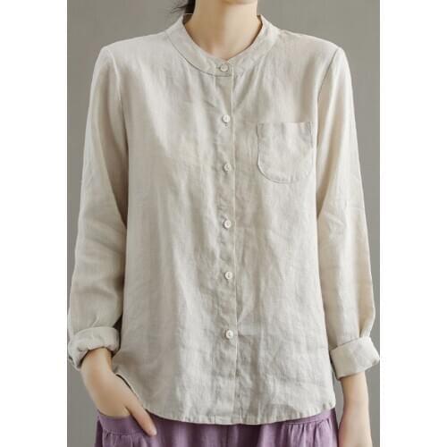 Johnature Cotton Linen Comfortable O-neck Long Sleeve Single Breasted Shirt 2021 Autumn New Solid Color All-match Women Tops