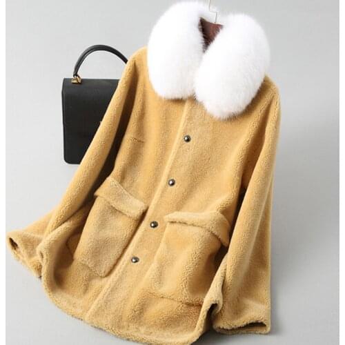 Fad Autumn Winter Natural Sheep Shearing Fur Coat Elegant Short Warm Overcoat with Real Fox Fur Collar Winter Jacket Women A040