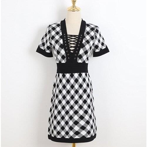 Knit Women Summer High Waist Slim Fit Color Matching Plaid Vintage Design Sexy V-Neck Tie Short-Sleeved Party Dress Short Sleeve