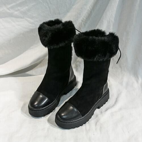 Snow boots 2019 warm fur plush Insole women winter boots square heels flock ankle boots women shoes lace-up winter shoes woman