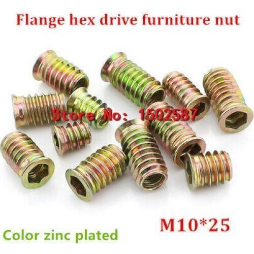 20pcs/lot M10*25 Color Zinc Coated Flange Hex Drive Head Furniture Nut Internal External Thread Screw For Wood Insert Nut