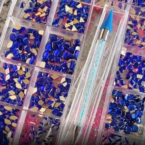 2000Pcs Gem Stones Diamond shaped Sapphire Rhinestones For Nails Art (20 Mix Shape) with 1 Picker and Rhinestone (Royal Blue)