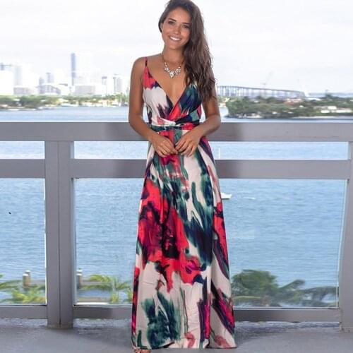 2021 Spring Summer New Floral Print Beach Sling Dress Female Sexy V-Neck Sleeveless Party Maxi Dress Fashion Boho Casual Dresses