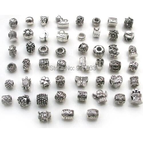 Free Shipping 50pcs 2015 mix new style antique silver pated Big Hole alloy Beads fit European Jewelry Braclet Charms DIY