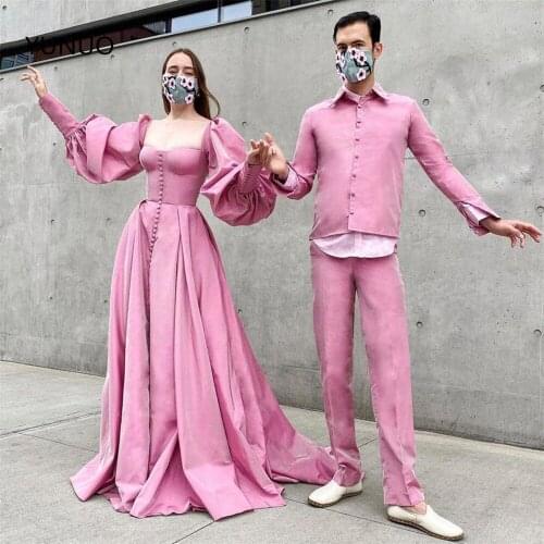 YUNUO Elegant Taffeta A-line Evening Gowns Front Split Puffed Long Sleeves Prom Party Dresses With Buttons вечерние платья