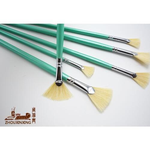 6 pcs/set Fan shape pig bristles oil painting brush lake Blue color wood rod Fresh Drawing painting brush Art Supplies