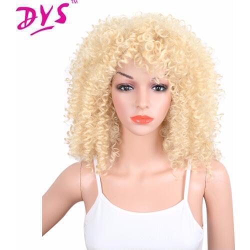 Deyngs Kinky Curly Synthetic Wigs With Bangs 20inch Natural Black Red Brown Blonde Wigs for Black Women Pelucas Medium Length