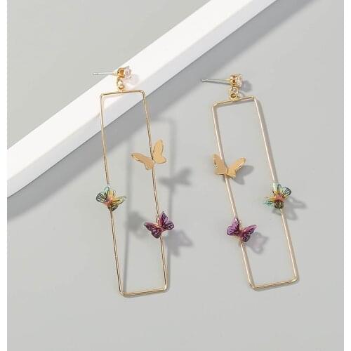 Minar Fairy Purple Green Gradient Enamel Butterfly Earrings for Women Gold Color Metal Hollow Square Drop Earrings Pendientes