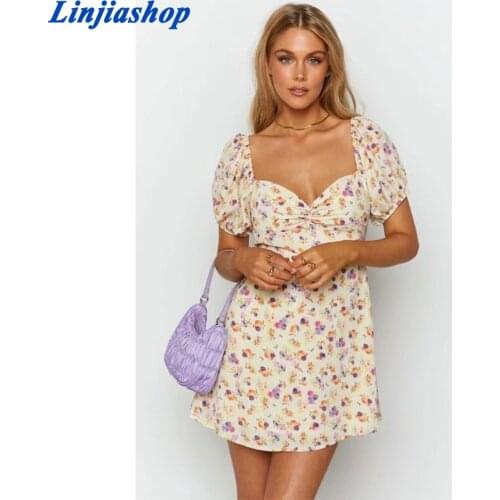 Summer New Sweet Women Dress Fashion Square Collar Puff Short Sleeve Floral Print Ruffles Slim Mini Elegant Women Dress