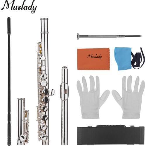 Muslady C Key Concert Flutes 16 Holes Closed Hole Flute Cupronickel Silver Plated with Cleaning Cloth Rod Gloves Screwdriver