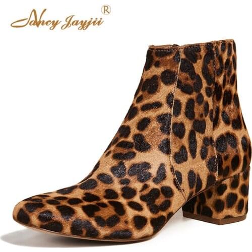 2021 Winter Ankle Boots Leopard Print Lady Shoe Dress Party Mature Zipper Square Chunky Heels Fur Famous Brand Plus Size 39 43