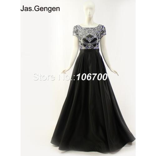 New Short Sleeves Crystal Beading vestidos de fiesta Ball Gown Real Photos Backless Black Stain Evening Prom Dresses 964