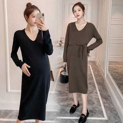 Autumn Winter Thick Warm Knitted Maternity Nursing Long Dress Ties Waist Slim Loose Clothes for Pregnant Women Pregnancy