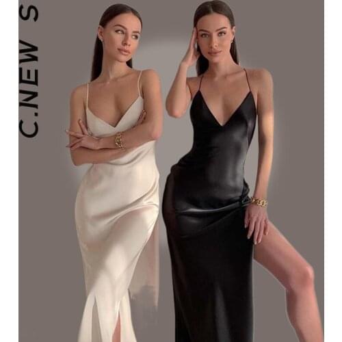 Sexy Backless High Split Sleeveless Party Mini Dress V Neck Spaghetti Straps Midi Smooth Slim Maxi Dress Pajamas Ladies Dress