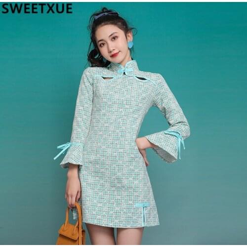 SWEETXUE Womens Embroidery Improved Cheongsam Dress Female Spring And Autumn Modern Flared Sleeves Slim Retro A-line Dress