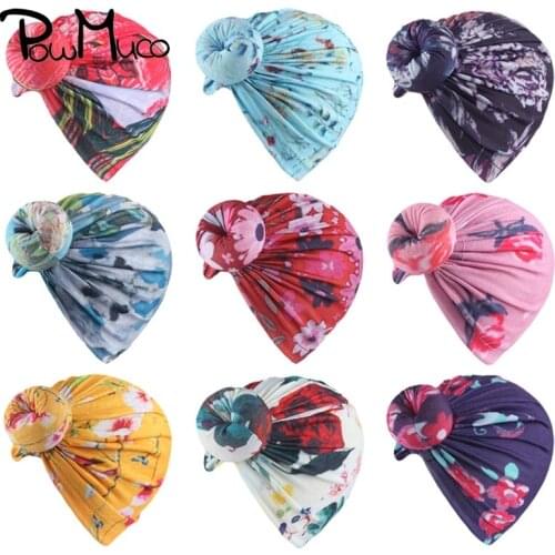 Powmuco 16*14 CM Fashion Soft Polyester Cotton Baby Girls Caps Handmade Round Ball Newborn Hats Cute Print Turban Photo Props