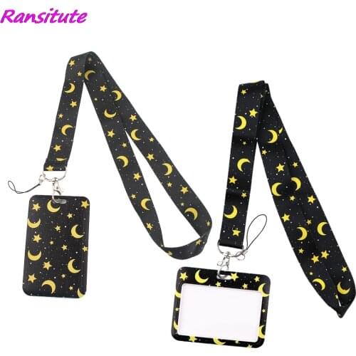Ransitute R1494 Star And Moon Black Lanyard Credit Card ID Holder Bag Student Women Travel Bank Bus Business Card Cover Badge