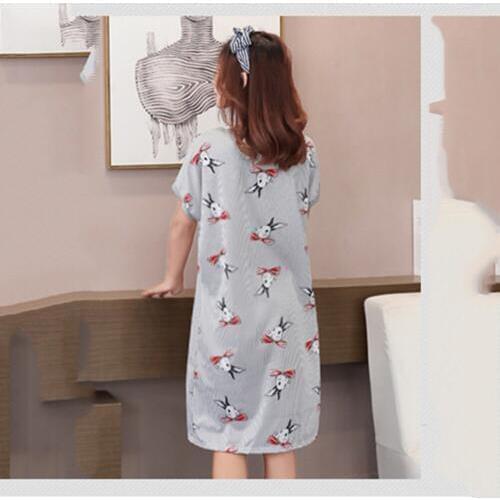 Grey Milk Silk Korean Casual Plain Weave Round Neck Sleepwear Lovely Cartoon Pattern Printed Ladies