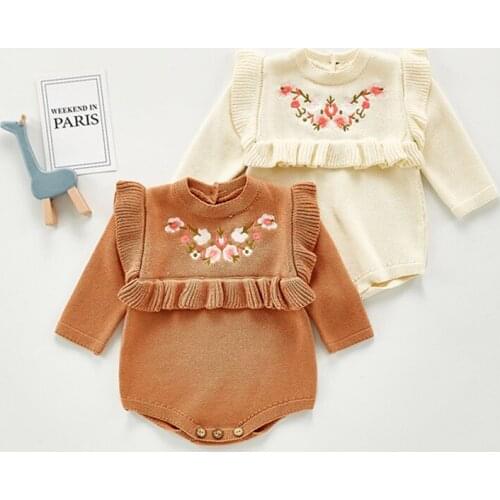 2021 Spring Newborn Baby Girls Knitted Bodysuits Embroidery Floral Korean Style Infants Princess Jumpsuits Toddlers Clothes