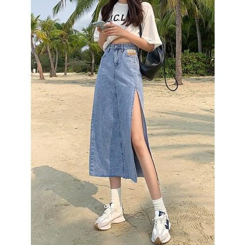 Vintage High Waist Split Women Denim Skirt 2021 Summer Hot Girl Package Hip Thin A-Line Skirt Solid Color All-Match Jean Skirt
