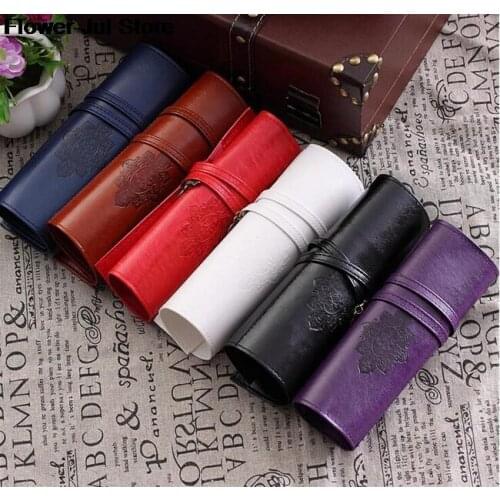 1Pcs Retro Pen Pencil Case Roll Waterproof PU Leather Pencil Bag Portable Makeup Brush Storage Bags School Office Supplies