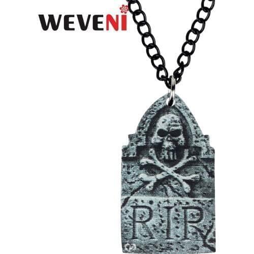 WEVENI Acrylic Halloween Grave Tomb Stone Skull Necklace Choker Pendant Collar Chain Jewelry For Women Kids Friends Funny Gift