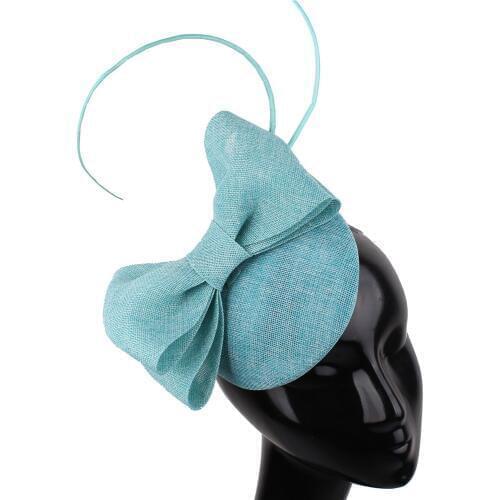 Lady Turquoise Bowknot Adorn Hat Imitation Linen Fascinator Base Ostrich Quill Elegant Women Millinery Hair Accessory Headband