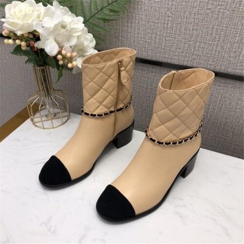 High Quality Genuine Leather Ankle Boot for Women 2021 Designer Luxury Gold Chain Heels Shoes Lady Winter Party Boot Shoes