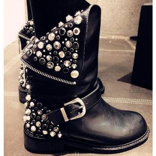 Moraima Snc Black Real Leather Woman Boots Round Toe Rivets Studded Ankle Boots Fashion Buckle Strap Short Boots Big size 43